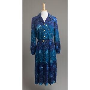 Vintage VICTORIA MORGAN Blue Purple Watercolor Pleated Belted Midi Dress sz 10